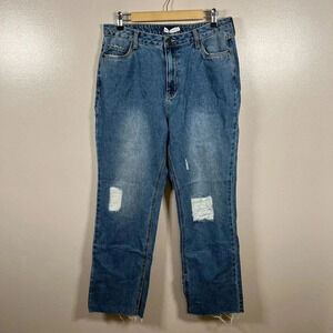 Avec Les Filles High Rise Straight Leg Jeans Size 31 Distressed Split Raw Hem